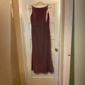 Full length spaghetti strap dress bateau neckline open back flared trumpet skirt